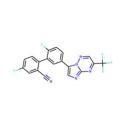 N#Cc1cc(F)ccc1-c1cc(-c2cnc3nc(C(F)(F)F)cnn23)ccc1F ZINC000013681607