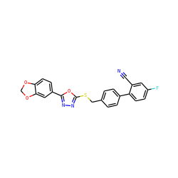 N#Cc1cc(F)ccc1-c1ccc(CSc2nnc(-c3ccc4c(c3)OCO4)o2)cc1 ZINC000084652688