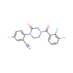 N#Cc1cc(F)ccc1N1CCN(C(=O)c2cccc(Cl)c2Cl)CC1=O ZINC000059282952