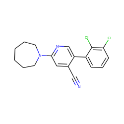 N#Cc1cc(N2CCCCCC2)ncc1-c1cccc(Cl)c1Cl ZINC000045290039