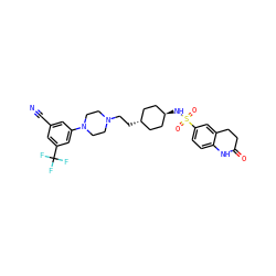 N#Cc1cc(N2CCN(CC[C@H]3CC[C@H](NS(=O)(=O)c4ccc5c(c4)CCC(=O)N5)CC3)CC2)cc(C(F)(F)F)c1 ZINC000253659088