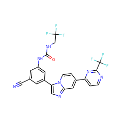 N#Cc1cc(NC(=O)NCC(F)(F)F)cc(-c2cnc3cc(-c4ccnc(C(F)(F)F)n4)ccn23)c1 ZINC000169704745