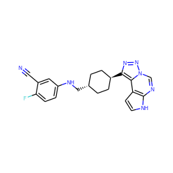 N#Cc1cc(NC[C@H]2CC[C@H](c3nnn4cnc5[nH]ccc5c34)CC2)ccc1F ZINC001772637860