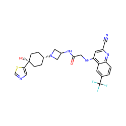 N#Cc1cc(NCC(=O)NC2CN([C@H]3CC[C@](O)(c4cncs4)CC3)C2)c2cc(C(F)(F)F)ccc2n1 ZINC000149109290