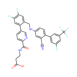 N#Cc1cc(NCc2cc(F)c(F)cc2-c2ccc(C(=O)NCCC(=O)O)nc2)ccc1-c1cc(F)cc(C(F)(F)F)c1 ZINC000148106720