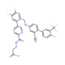 N#Cc1cc(NCc2cc(F)c(F)cc2-c2ccc(C(=O)NCCC(=O)O)nc2)ccc1-c1ccc(Cl)c(C(F)(F)F)c1 ZINC000148081876