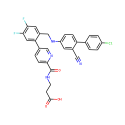 N#Cc1cc(NCc2cc(F)c(F)cc2-c2ccc(C(=O)NCCC(=O)O)nc2)ccc1-c1ccc(Cl)cc1 ZINC000148382985