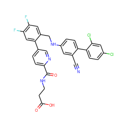 N#Cc1cc(NCc2cc(F)c(F)cc2-c2ccc(C(=O)NCCC(=O)O)nc2)ccc1-c1ccc(Cl)cc1Cl ZINC000148253585