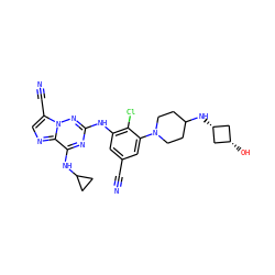 N#Cc1cc(Nc2nc(NC3CC3)c3ncc(C#N)n3n2)c(Cl)c(N2CCC(N[C@H]3C[C@@H](O)C3)CC2)c1 ZINC000261108256
