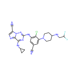 N#Cc1cc(Nc2nc(NC3CC3)c3ncc(C#N)n3n2)c(Cl)c(N2CCC(NCC(F)F)CC2)c1 ZINC000169711908