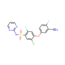 N#Cc1cc(Oc2cc(F)c(S(=O)(=O)Nc3ncccn3)cc2Cl)ccc1F ZINC000473224178