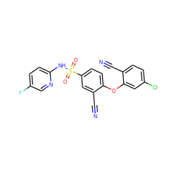 N#Cc1cc(S(=O)(=O)Nc2ccc(F)cn2)ccc1Oc1cc(Cl)ccc1C#N ZINC000473194830