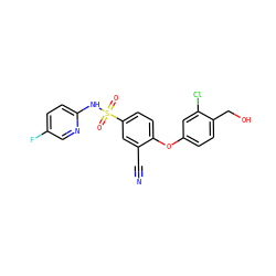 N#Cc1cc(S(=O)(=O)Nc2ccc(F)cn2)ccc1Oc1ccc(CO)c(Cl)c1 ZINC000218443451