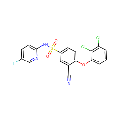 N#Cc1cc(S(=O)(=O)Nc2ccc(F)cn2)ccc1Oc1cccc(Cl)c1Cl ZINC000473198561