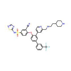 N#Cc1cc(S(=O)(=O)Nc2ncns2)ccc1Oc1ccc(-c2cccc(C(F)(F)F)c2)cc1-c1ccnc(CNCCC2CCNCC2)c1 ZINC001501054814