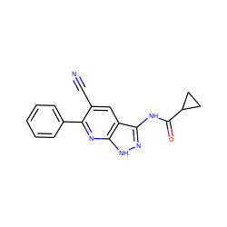 N#Cc1cc2c(NC(=O)C3CC3)n[nH]c2nc1-c1ccccc1 ZINC000013538560