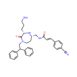 N#Cc1ccc(/C=C/C(=O)NC[C@@H]2CCN(CC(c3ccccc3)c3ccccc3)C(=O)[C@H](CCCN)N2)cc1 ZINC000118686727