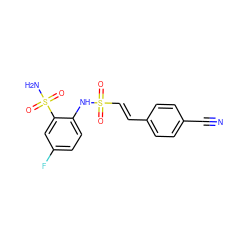 N#Cc1ccc(/C=C/S(=O)(=O)Nc2ccc(F)cc2S(N)(=O)=O)cc1 ZINC000143972817