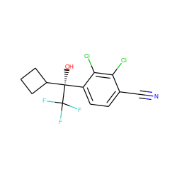 N#Cc1ccc([C@](O)(C2CCC2)C(F)(F)F)c(Cl)c1Cl ZINC000653887799