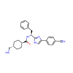 N#Cc1ccc(-c2c[nH]c([C@H](Cc3ccccc3)NC(=O)[C@H]3CC[C@H](CN)CC3)n2)cc1 ZINC000299837307