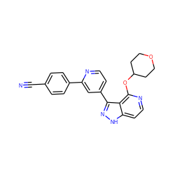 N#Cc1ccc(-c2cc(-c3n[nH]c4ccnc(OC5CCOCC5)c34)ccn2)cc1 ZINC000143212668