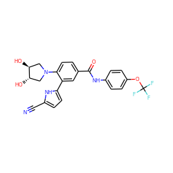 N#Cc1ccc(-c2cc(C(=O)Nc3ccc(OC(F)(F)F)cc3)ccc2N2C[C@H](O)[C@@H](O)C2)[nH]1 ZINC001772589215