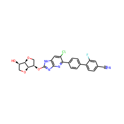 N#Cc1ccc(-c2ccc(-c3nc4nc(O[C@@H]5CO[C@@H]6[C@H](O)CO[C@H]56)[nH]c4cc3Cl)cc2)c(F)c1 ZINC000220840952