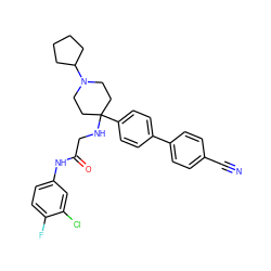 N#Cc1ccc(-c2ccc(C3(NCC(=O)Nc4ccc(F)c(Cl)c4)CCN(C4CCCC4)CC3)cc2)cc1 ZINC000034327443