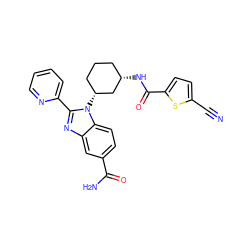 N#Cc1ccc(C(=O)N[C@H]2CCC[C@@H](n3c(-c4ccccn4)nc4cc(C(N)=O)ccc43)C2)s1 ZINC000653829325