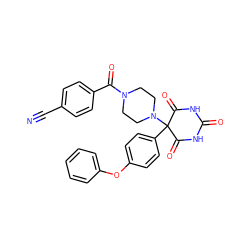 N#Cc1ccc(C(=O)N2CCN(C3(c4ccc(Oc5ccccc5)cc4)C(=O)NC(=O)NC3=O)CC2)cc1 ZINC000072107419