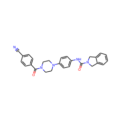 N#Cc1ccc(C(=O)N2CCN(c3ccc(NC(=O)N4Cc5ccccc5C4)cc3)CC2)cc1 ZINC000166667271