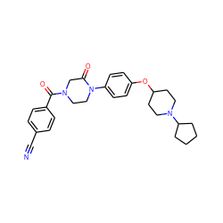 N#Cc1ccc(C(=O)N2CCN(c3ccc(OC4CCN(C5CCCC5)CC4)cc3)C(=O)C2)cc1 ZINC000028870392