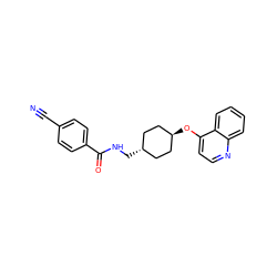 N#Cc1ccc(C(=O)NC[C@H]2CC[C@H](Oc3ccnc4ccccc34)CC2)cc1 ZINC001772614929