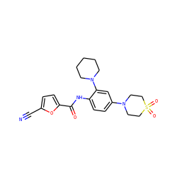 N#Cc1ccc(C(=O)Nc2ccc(N3CCS(=O)(=O)CC3)cc2N2CCCCC2)o1 ZINC000029039441