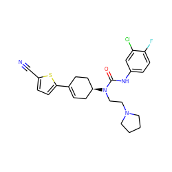 N#Cc1ccc(C2=CC[C@H](N(CCN3CCCC3)C(=O)Nc3ccc(F)c(Cl)c3)CC2)s1 ZINC000028650267