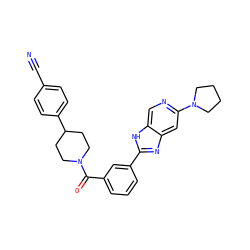 N#Cc1ccc(C2CCN(C(=O)c3cccc(-c4nc5cc(N6CCCC6)ncc5[nH]4)c3)CC2)cc1 ZINC000095583669