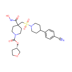 N#Cc1ccc(C2CCN(S(=O)(=O)CC3(C(=O)NO)CCN(C(=O)O[C@H]4CCOC4)CC3)CC2)cc1 ZINC000029039893