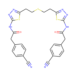 N#Cc1ccc(CC(=O)Nc2nnc(CCSCCc3nnc(NC(=O)Cc4ccc(C#N)cc4)s3)s2)cc1 ZINC000169698021