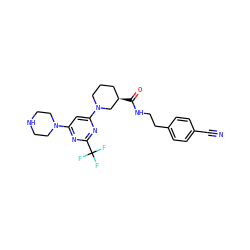 N#Cc1ccc(CCNC(=O)[C@@H]2CCCN(c3cc(N4CCNCC4)nc(C(F)(F)F)n3)C2)cc1 ZINC000169310233