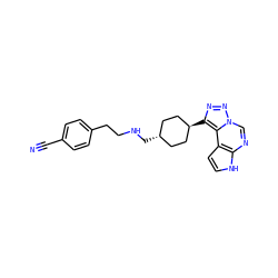N#Cc1ccc(CCNC[C@H]2CC[C@H](c3nnn4cnc5[nH]ccc5c34)CC2)cc1 ZINC001772592606