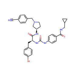 N#Cc1ccc(CN2CC[C@@H](NC(=O)[C@H](Cc3ccc(O)cc3)NC(=O)Nc3ccc(C(=O)NCC4CC4)cc3)C2)cc1 ZINC000044351494