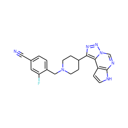 N#Cc1ccc(CN2CCC(c3nnn4cnc5[nH]ccc5c34)CC2)c(F)c1 ZINC001772609701