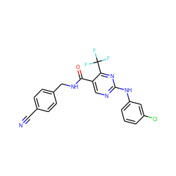 N#Cc1ccc(CNC(=O)c2cnc(Nc3cccc(Cl)c3)nc2C(F)(F)F)cc1 ZINC000003947920