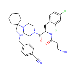 N#Cc1ccc(CNCC2(N3CCN(C(=O)[C@@H](Cc4ccc(Cl)cc4Cl)NC(=O)CCN)CC3)CCCCC2)cc1 ZINC000028456435