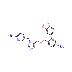 N#Cc1ccc(COCc2cncn2Cc2ccc(C#N)nc2)c(-c2ccc3c(c2)OCO3)c1 ZINC000028371809