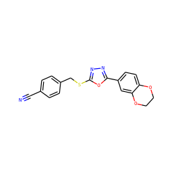 N#Cc1ccc(CSc2nnc(-c3ccc4c(c3)OCCO4)o2)cc1 ZINC000084669247