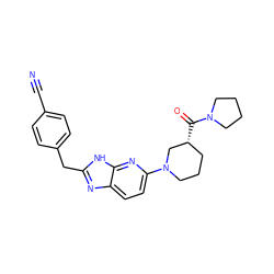 N#Cc1ccc(Cc2nc3ccc(N4CCC[C@@H](C(=O)N5CCCC5)C4)nc3[nH]2)cc1 ZINC001772614514