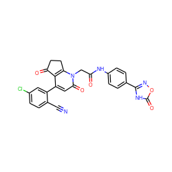 N#Cc1ccc(Cl)cc1-c1cc(=O)n(CC(=O)Nc2ccc(-c3noc(=O)[nH]3)cc2)c2c1C(=O)CC2 ZINC000215889711