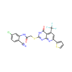 N#Cc1ccc(Cl)cc1NC(=O)CSc1nc2nc(-c3cccs3)cc(C(F)(F)F)c2c(=O)[nH]1 ZINC000017527707