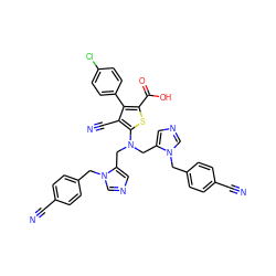 N#Cc1ccc(Cn2cncc2CN(Cc2cncn2Cc2ccc(C#N)cc2)c2sc(C(=O)O)c(-c3ccc(Cl)cc3)c2C#N)cc1 ZINC000653805780